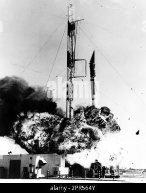 Test of Vanguard launch vehicle for U.S. International Geophysical Year (IGY) program to place satellite in Earth orbit to determine atmospheric density and conduct geodetic measurements. Malfunction in first stage caused vehicle to lose thrust after two seconds and vehicle was destroyed. Photo released by U.S. Navy. Stock Photo