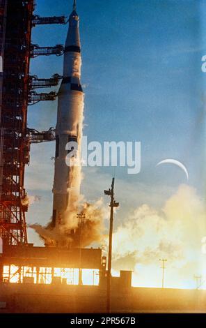 The Apollo 8 (Spacecraft 103/Saturn 503) space vehicle is launched from Pad A, Launch Complex 39, Kennedy Space Center, at 7:51 a.m. (EST), December 21, 1968. The crew of the Apollo 8 lunar orbit mission was astronauts Frank Borman, commander; James A. Lovell Jr., command module pilot; and William A. Anders, lunar module pilot. Apollo 8 was the first crewed Saturn V launch and the first human mission to lunar orbit. Stock Photo