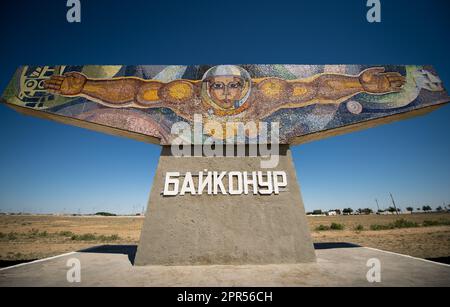 A space themed mural made of tile is seen at the entrance to the town of Baikonur, Kazakhstan on Saturday, May 25, 2013.  Launch of a Soyuz rocket to the International Space Station (ISS) with Expedition 36/37 Soyuz Commander Fyodor Yurchikhin of the Russian Federal Space Agency (Roscosmos), Flight Engineers; Luca Parmitano of the European Space Agency, and Karen Nyberg of NASA, is scheduled for Wednesday May 29, Kazakh time. Yurchikhin, Nyberg, and, Parmitano, will remain aboard the station until mid-November. Photo Credit: (NASA/Bill Ingalls) Stock Photo