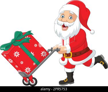 Cartoon santa claus carrying a gifts in trolley pushcart Stock Vector