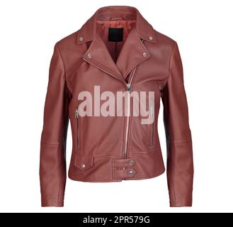 Women brown modern leather jacket isolated on white background. Stock Photo