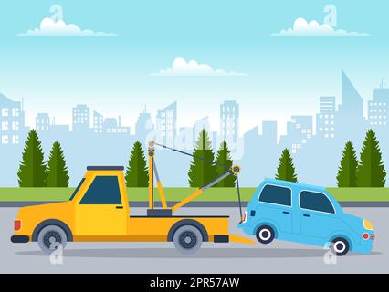 Auto Towing Car Using a Truck with Roadside Assistance Service in Template Hand Drawn Cartoon Flat Background Illustration Stock Vector