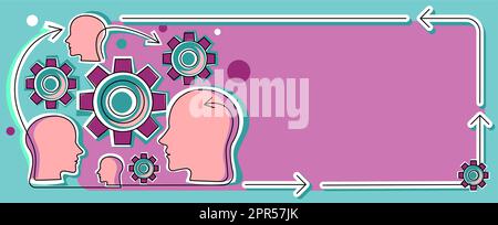 Multiple Heads With Cogs Showing Technology Ideas. Gears In Brain Symbols Design Displaying Mechanical And Technical Idea. Stock Vector