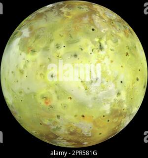 NASA's Galileo spacecraft acquired its highest resolution images of Jupiter's moon Io on July 3, 1999 during its closest pass to Io since orbit insertion in late 1995. This color mosaic uses the near-infrared, green and violet filters (slightly more than the visible range) of the spacecraft's camera and approximates what the human eye would see. Most of Io's surface has pastel colors, punctuated by black, brown, green, orange, and red units near the active volcanic centers. A false color version of the mosaic has been created to enhance the contrast of the color variations. The improved resolu Stock Photo