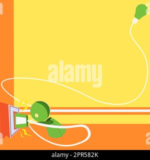 Robot Drawing Fixing Socket With Lightbulb In Corner. Robotic Man Taking Care Of Plug With Glowing Bulb On Side And Presenting Important Message. Stock Vector