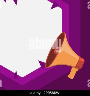 Megaphone Drawing With Conversation Bubble Showing New Announcement. Bullhorn Voice Device With Speech Balloon Presenting Fresh And Important News Messages. Stock Vector