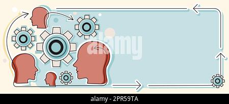 Multiple Heads With Cogs Showing Technology Ideas. Gears In Brain Symbols Design Displaying Mechanical And Technical Idea. Stock Vector