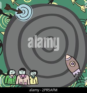 Rocket Ship Launching Fast To Target On Background. Group Of People Watching Spaceship Taking Off. Space Shuttle Reaching Destination Under Enineers Approval Stock Vector