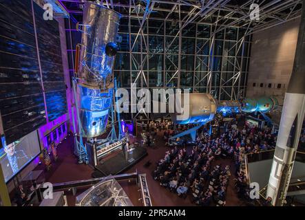 The Hubble Space Telescope Structural Dynamic Test Vehicle is seen during the 25th Anniversary of the Hubble Space Telescope Awards Ceremony as John Grunsfeld, associate administrator for the Science Mission Directorate and veteran of three Hubble servicing missions speaks, Friday, April 24, 2015 at the Smithsonian National Air and Space Museum in Washington.  Photo Credit: (NASA/Joel Kowsky) Stock Photo