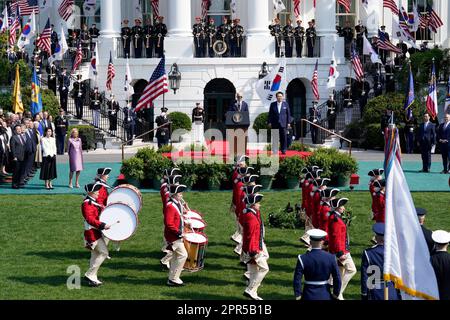 Washington, United States. 26th Apr, 2023. U.S. President Joe Biden greets South Korean President Yoon Suk Yeol for the Official Arrival Ceremony on the South Lawn of the White House in Washington on April 26, 2023. Photo by Yuri Gripas/ABACAPRESS.COM Credit: Abaca Press/Alamy Live News Stock Photo