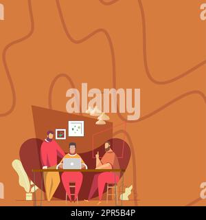 Three Colleagues Having Office Meeting Sharing Thoughts Together Presenting Latest Project Plan Ideas. Partners Discussing Future Strategies Managing Newest Assignments. Stock Vector