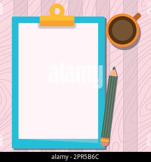 Illustration Of Large Pencil On Top Of Table Beside The Big Blank Clipboard And Coffee Mug. Empty Form Holder Drawing Beside Drinking Cup Placed At Desk. Stock Vector