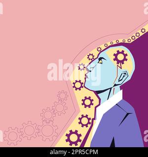 Creative Minds Combining Ideas Creating Innovative Strategies Displaying Teamwork. Heads With Cogwheels Representing Combined Effort Producing Advancement Plans. Stock Vector