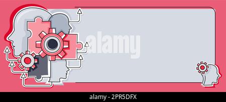 Multiple Heads With Cogs Showing Technology Ideas. Gears In Brain Symbols Design Displaying Mechanical And Technical Idea. Stock Vector