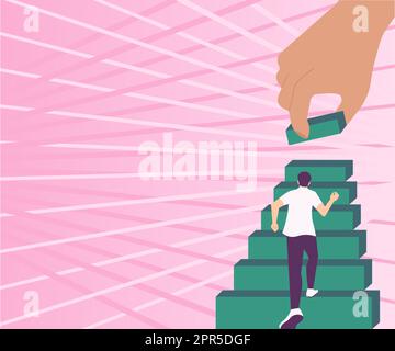 Gentleman Climbing Up Stair Case Trying To Reach Goals Hand Helping Representing Teamwork. Man Running Upwards Big Stairs Defining Progress And Improvement. Stock Vector