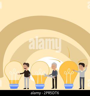 Three Person Fixing Electric Bulbs With Wrenches. Leader Pointing At Working Light With Finger Showing Important Information. Stock Vector