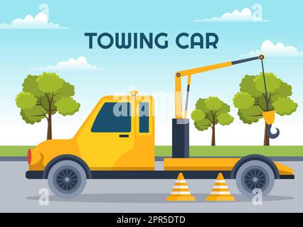 Auto Towing Car Using a Truck with Roadside Assistance Service in Template Hand Drawn Cartoon Flat Background Illustration Stock Vector