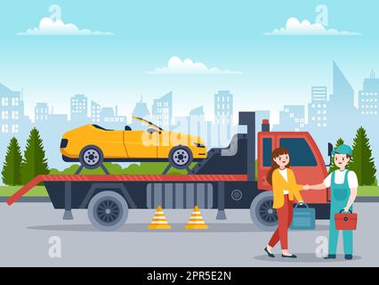 Auto Towing Car Using a Truck with Roadside Assistance Service in Template Hand Drawn Cartoon Flat Background Illustration Stock Vector