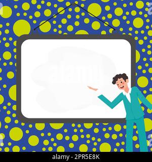 Instructor Drawing Pointing Stick On Empty Whiteboard While Holding Cup. Professor Holding Pointer At The Board Showing New Information. Stock Vector