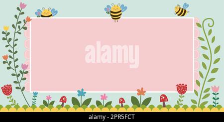 Frame with honey flowers and bees. Cartoon vector illustration Stock ...