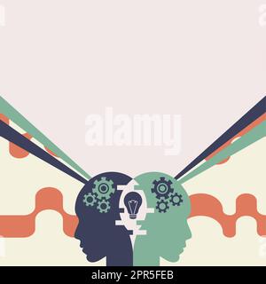 Creative Minds Combining Ideas Creating Innovative Strategies Displaying Teamwork. Heads With Cogwheels Representing Combined Effort Producing Advancement Plans. Stock Vector
