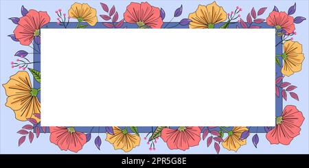 Frame With Leaves And Flowers Around And Important Announcements Inside. Framework With Different Plants All Over And Crutial Informations In. Floral Box With Recent Ideas. Stock Vector