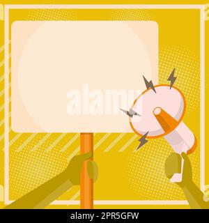 Illustration Of Hand Holding Megaphone Pointing At Blank Plaque In Hand. Palm Drawing Using A Bullhorn Giving Powerful Great New Advertisement. Stock Vector