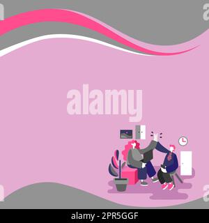 Colleagues Clapping Hands In Office. Working Together Drawing Characters. Two Workers Agreeing With Same Idea. Employees Claiming Equal Concept. Stock Vector