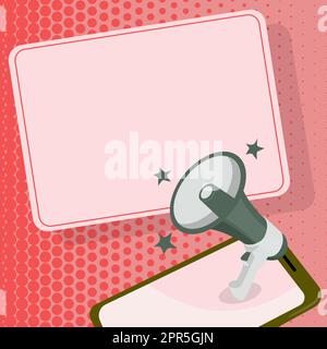 Megaphone Displaying Important Message. Object Announcing News Bulletin Board Pointing Arrow Presenting Announcement Information Exhibiting Detailed Report. Stock Vector