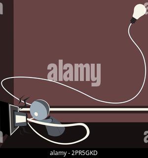 Robot Drawing Fixing Socket With Lightbulb In Corner. Robotic Man Taking Care Of Plug With Glowing Bulb On Side And Presenting Important Message. Stock Vector