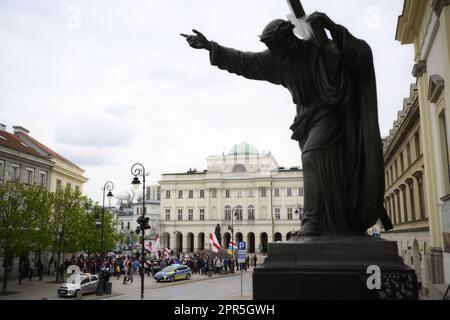 Warsaw, Poland. 26h April, 2023. People rally under the slogan 'No nucelar weapons in Belarus' on the 37th anniversary of the Chernobyl nuclear reactor disaster in Warsaw, Poland on 26 April, 2023. Credit: Jaap Arriens/Alamy Live News. Stock Photo