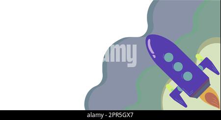Rocket Taking Off Leaving Fire Behind And Presenting Important Message. Spacecraft Flying In Sky And Showing Crutial Informations. New Ideas Presented. Stock Vector