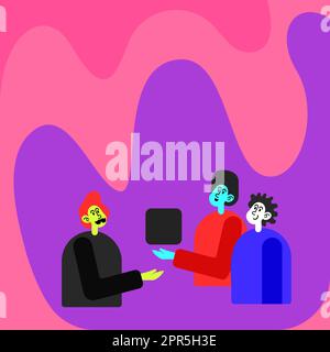 Three Colleagues Having Meeting Displaying Cube Representing Teamwork Discussing Future Project Ideas. Men Showing Innovative Thinking Building Partnership. Stock Vector
