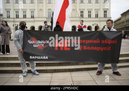 Warsaw, Poland. 26h April, 2023. People rally under the slogan 'No nucelar weapons in Belarus' on the 37th anniversary of the Chernobyl nuclear reactor disaster in Warsaw, Poland on 26 April, 2023. Credit: Jaap Arriens/Alamy Live News. Stock Photo