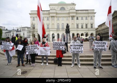 Warsaw, Poland. 26h April, 2023. People rally under the slogan 'No nucelar weapons in Belarus' on the 37th anniversary of the Chernobyl nuclear reactor disaster in Warsaw, Poland on 26 April, 2023. Credit: Jaap Arriens/Alamy Live News. Stock Photo