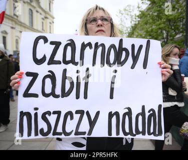 Warsaw, Poland. 26h April, 2023. People rally under the slogan 'No nucelar weapons in Belarus' on the 37th anniversary of the Chernobyl nuclear reactor disaster in Warsaw, Poland on 26 April, 2023. Credit: Jaap Arriens/Alamy Live News. Stock Photo