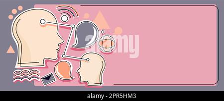 Multiple Heads Connected Showing New Technology Ideas. Gears In Brain Symbols Design Displaying Mechanical And Technical Idea. Stock Vector