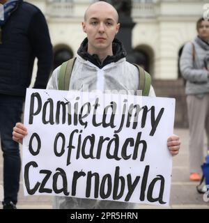 Warsaw, Poland. 26h April, 2023. People rally under the slogan 'No nucelar weapons in Belarus' on the 37th anniversary of the Chernobyl nuclear reactor disaster in Warsaw, Poland on 26 April, 2023. Credit: Jaap Arriens/Alamy Live News. Stock Photo