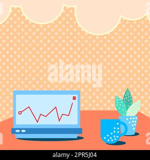 Laptop Resting On A Table Beside Coffee Mug And Plant Showing Work Process. Office Desk Drawing With Laptop. Computer Top Design. Stock Vector