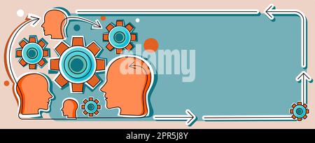 Multiple Heads With Cogs Showing Technology Ideas. Gears In Brain Symbols Design Displaying Mechanical And Technical Idea. Stock Vector