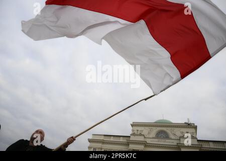 Warsaw, Poland. 26h April, 2023. People rally under the slogan 'No nucelar weapons in Belarus' on the 37th anniversary of the Chernobyl nuclear reactor disaster in Warsaw, Poland on 26 April, 2023. Credit: Jaap Arriens/Alamy Live News. Stock Photo