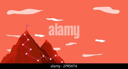 Man On A Mountain Drawing Proud Of His Climbing Success To The Clouds. Athlete On A Cliff Celebrating Achievement Ascending To The Top. Sports Guy Reaching The Sky. Stock Vector