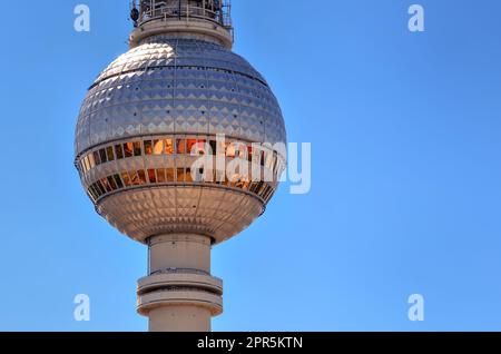 TV Tower in Berlin, Germany. View on TV Tower from panorama point, which is situated on 37-th floor in Park Inn Hotel, Berlin, Germany. Stock Photo