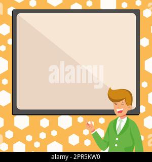 Instructor Drawing Pointing Stick On Empty Whiteboard While Holding Cup. Professor Holding Pointer At The Board Showing New Information. Stock Vector