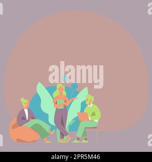 Three Colleagues Having Office Meeting Sharing Thoughts Together Presenting Latest Project Plan Ideas. Partners Discussing Future Strategies Managing Newest Assignments. Stock Vector