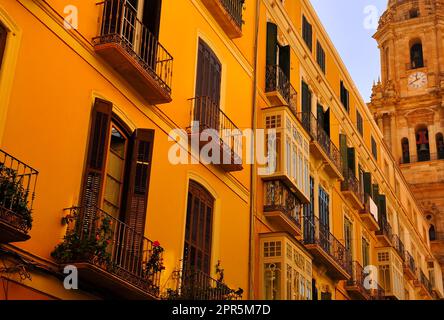 Typical Spanish apartment buildings in Malaga old town with the Cathedral of Malaga tower in the background Stock Photo