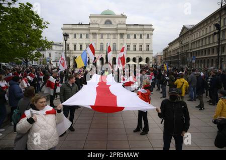 Warsaw, Poland. 26h April, 2023. People rally under the slogan 'No nucelar weapons in Belarus' on the 37th anniversary of the Chernobyl nuclear reactor disaster in Warsaw, Poland on 26 April, 2023. Credit: Jaap Arriens/Alamy Live News. Stock Photo