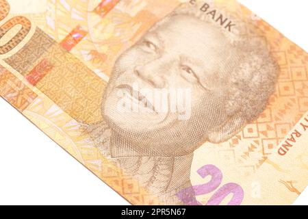 Nelson Holilala Mandela face on South African money 20 rand banknote macro.President of South Africa Stock Photo