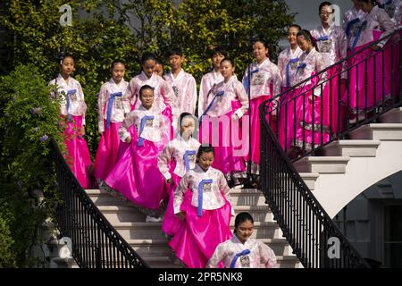 Washington, United States. 26th Apr, 2023. The Korean-American Children's Choir from the Korean School of New Jersey take part in an arrival ceremony for South Korean President Yoon Suk Yeol during a State Visit at the White House in Washington, DC, on Wednesday, April 26, 2023. Yoon is on the second day of a three-day visit to DC. Photo by Al Drago/UPI Credit: UPI/Alamy Live News Stock Photo