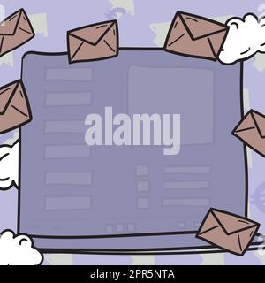 Composing Letter Idea, Listing Text Documents, Presenting Writing Tools, Selling Materials. Checklist Table Surrounded With Envelops And Clouds Stock Vector